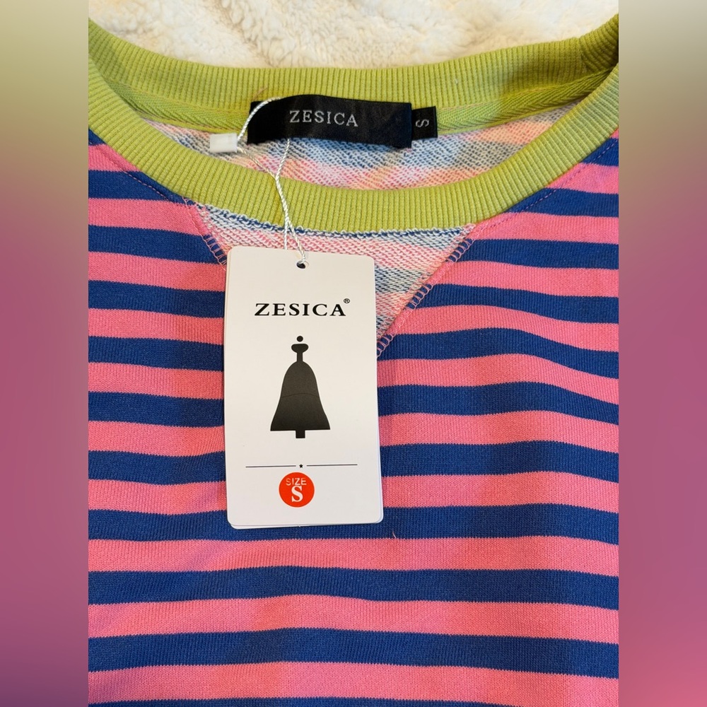 Striped Pink and Blue Crewneck Sweater, Size S, NWT, Comfy Casual Colorful - Picture 2 of 7